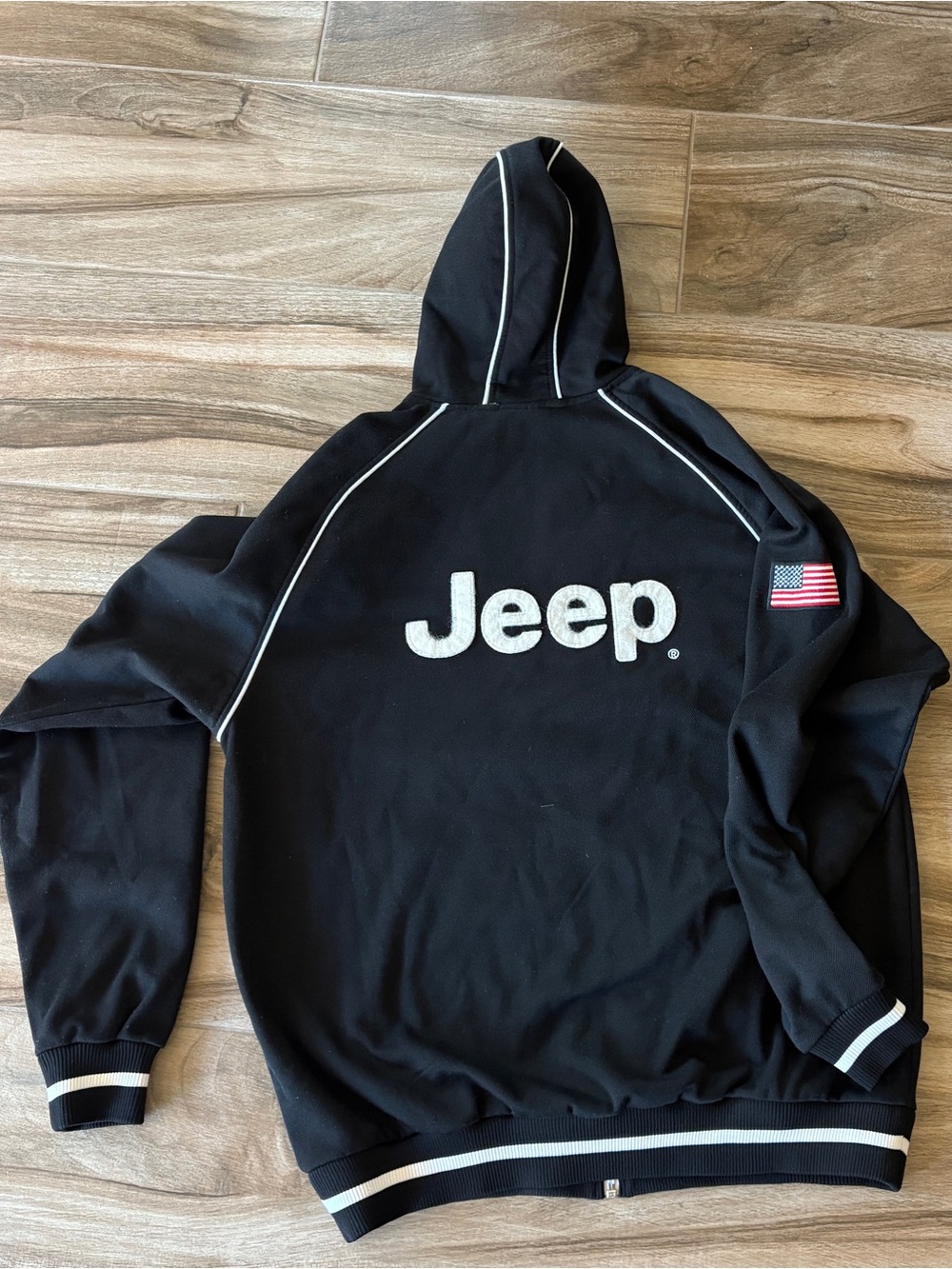 Jeep Black Hoodie with White Trim and Red & Navy Tag Accents